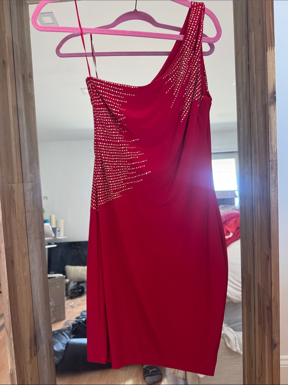 Cache One-Shoulder Red Dress with Crystal Accents